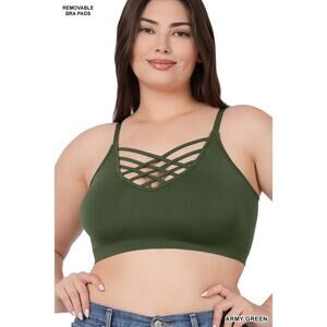 1X/2X Army Green Front V Lattice Bralette + bra padding adjustable straps Zenana